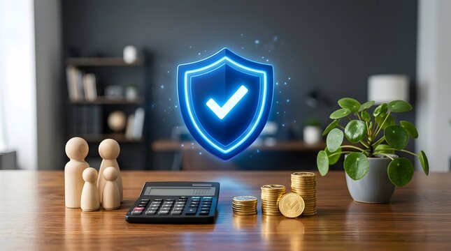 Family financial security concept with protection shield and coins.