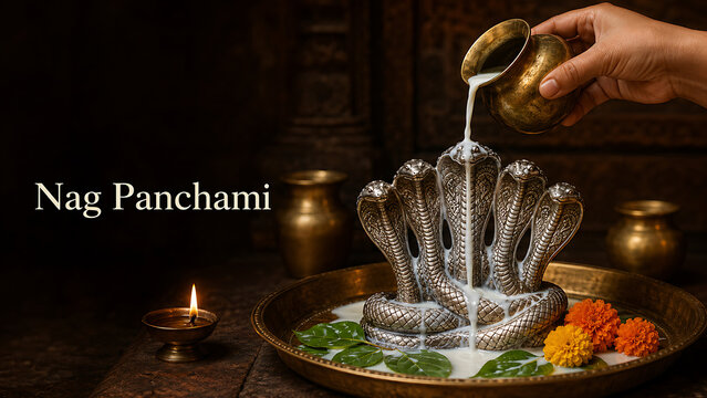 Devotee hand gently pouring fresh white milk over a beautiful multi headed metallic cobra statue honoring mahadev during the nag panchami festival