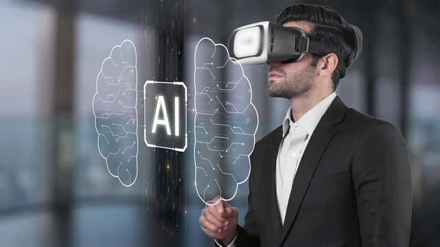 A businessman experiences the intersection of technology and creativity through a virtual reality headset, engaging with a digital brain representing artificial intelligence concepts. Raster