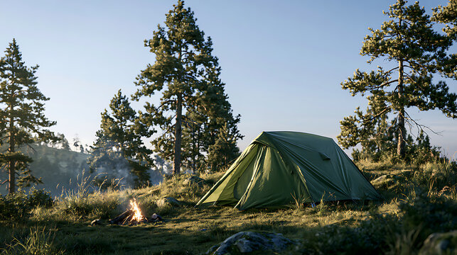 Green camping tent sits on a grassy hill surrounded by evergreen trees