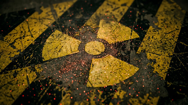 Distressed Nuclear Radiation Hazard Symbol Painted On Grunge Surface With Glowing Particles