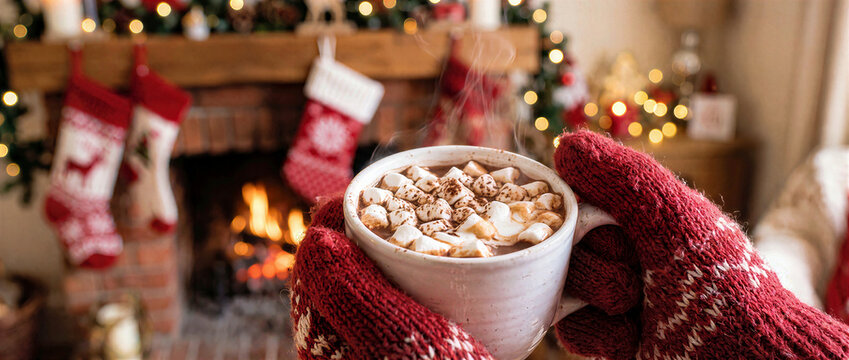 Hands in red knitted mittens holding steaming mug of hot chocolate with marshmallows in front of a cozy fireplace. Christmas holiday indoor scene with decorated mantle and hanging stockings