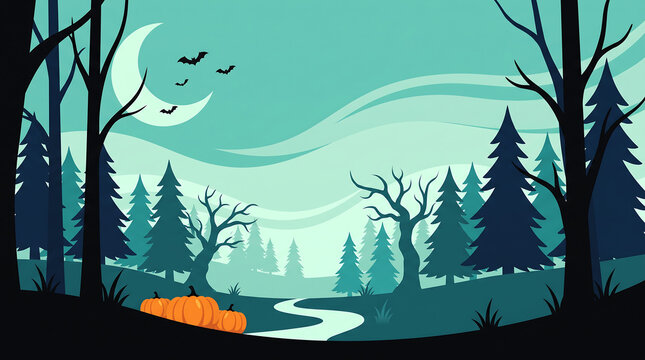 A spooky and atmospheric halloween forest scene with crescent moon bats and pumpkins