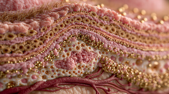 Detailed cross section of human skin reveals hair follicles and subcutaneous layers