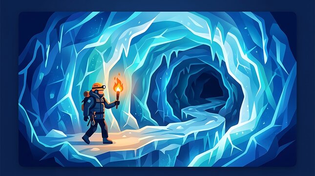 Explorer with torch in blue ice cave