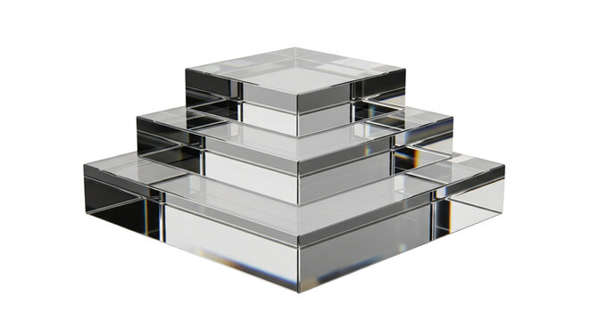A clear, transparent, stepped pyramid structure made of square acrylic blocks, isolated on a white background.