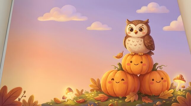 Cute cartoon owl sitting on top of smiling autumn pumpkins in a whimsical twilight landscape with glowing mushrooms, falling leaves, pastel clouds, and copy space for Halloween design.