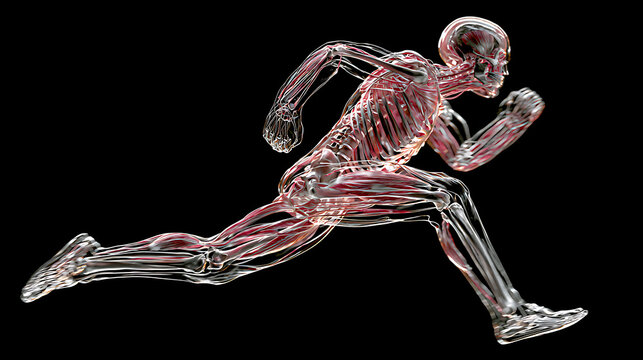 Anatomical illustration of a running human skeleton and musculature against black