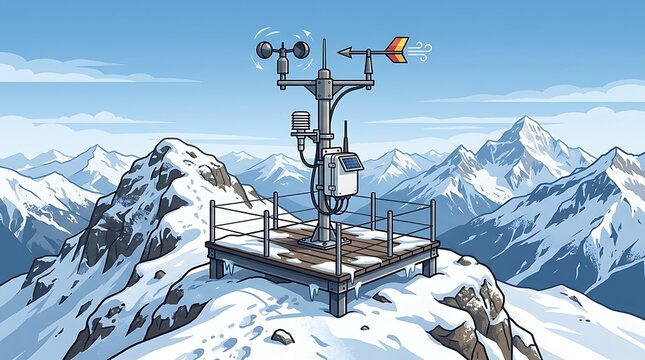 Weather station on snowy mountain peak