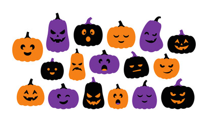 Naklejka premium Set of cute cartoon pumpkins with funny faces