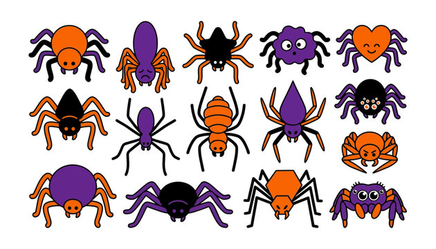 Set of cute cartoon  spiders in orange purple and black