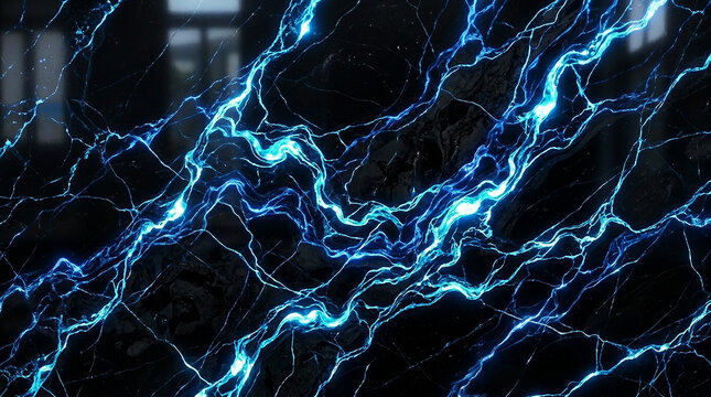 Abstract Black Marble Texture with Glowing Blue Electric Veins