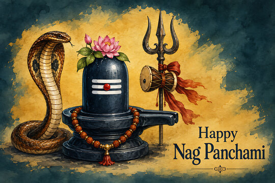 Beautifully painted texture artwork showcasing dark shiv lingam mahadev adorned with pink lotus flower standing next to sacred serpent for nag panchami