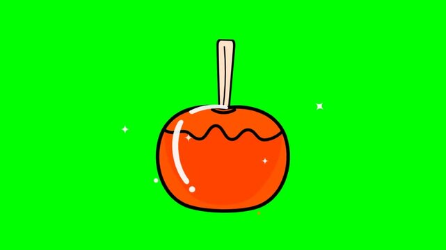 Animated 2D cartoon candy apple with sparkles on green screen background