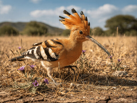 Upupa epops with Raised Crest on Cracked Soil amid Dry Grassland and Small Purple Wildflowers