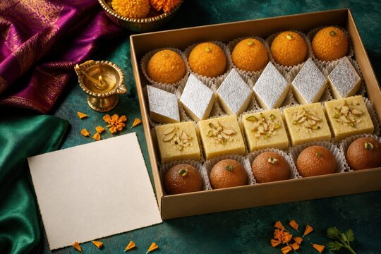 Premium Diwali sweets gift box filled with laddoo, kaju katli and barfi beside a blank card and brass diya for festive gifting
