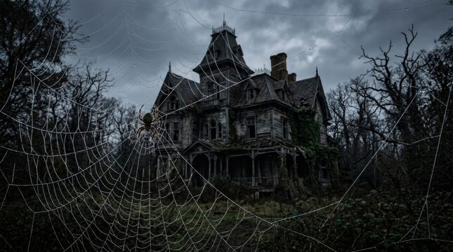 Creepy arachnid net: Halloween holiday, abandoned mansion, gothic house, dark forest, haunted estate, wild nature, eerie atmosphere, misty morning, woody landscape, gray cloud.