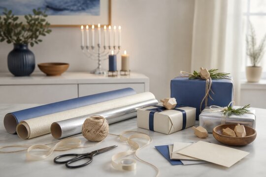 Modern Hanukkah gift wrapping station with blue, cream and silver paper, blank cards and wooden dreidels without lettering