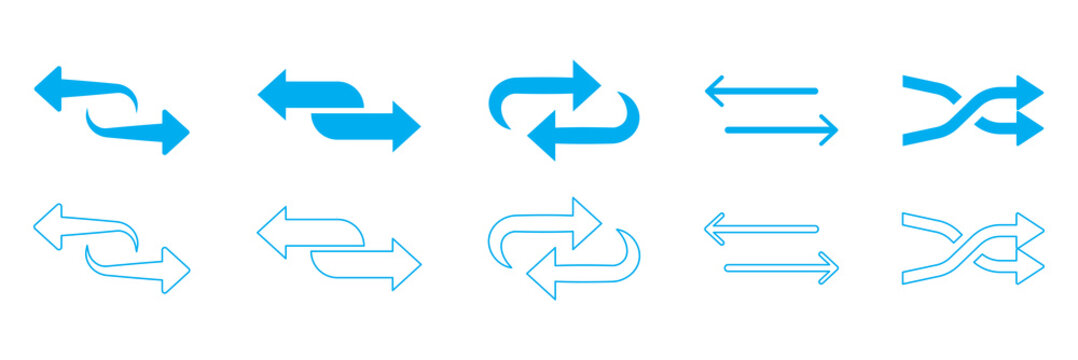 Double arrow icons set, Bidirectional arrows symbols, Two way direction icons, Swap navigation arrows, Opposite direction vector. Arrow direction line icon set vector, return, exchange and shuffle ico