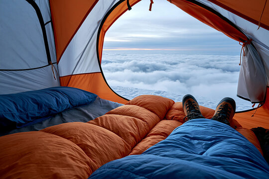 Camping in a tent above the clouds during sunrise