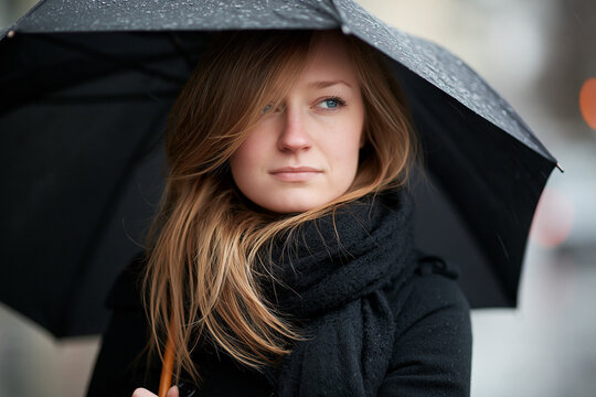 A woman stands under an umbrella in the rain