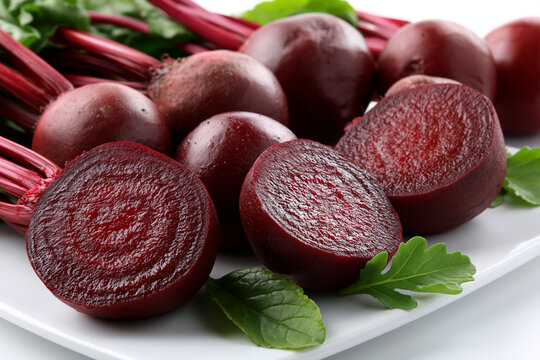 Fresh beets on a white plate with greens