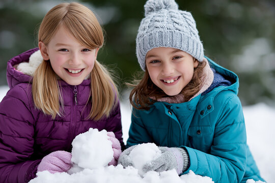 Two girls building snowballs in the winter snow