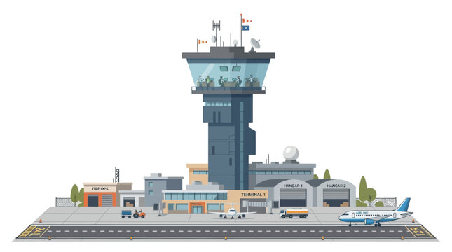 Modern airport control tower with runway and airplanes illustration