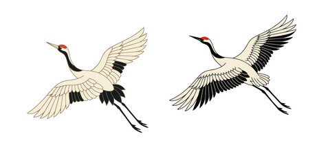 Naklejka premium Japanese Red-Crowned Crane Vector Illustration, Flying and Standing Oriental Bird Design, Traditional Asian Watercolor Style for Card and Print