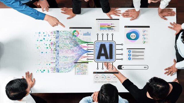 Group of professionals discussing artificial intelligence data and analytics in a modern workspace with digital screens and charts showcasing AI metrics Sigmoid