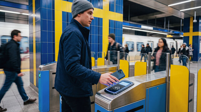 Man making contactless payment with smartphone at subway station turnstile gate for public transport travel