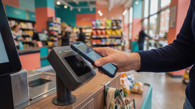 Contactless payment using smartphone and NFC card reader machine at retail store checkout counter for cashless transaction