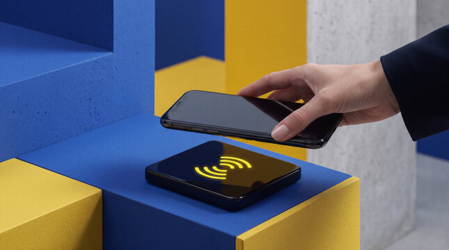 Contactless payment transaction using smartphone hovering above wireless reader on colorful modern architectural background