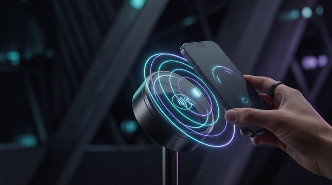 Contactless payment with smartphone on NFC terminal in futuristic technology environment