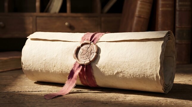 Rolled ancient parchment scroll sealed with red wax and ribbon on a vintage wooden desk.