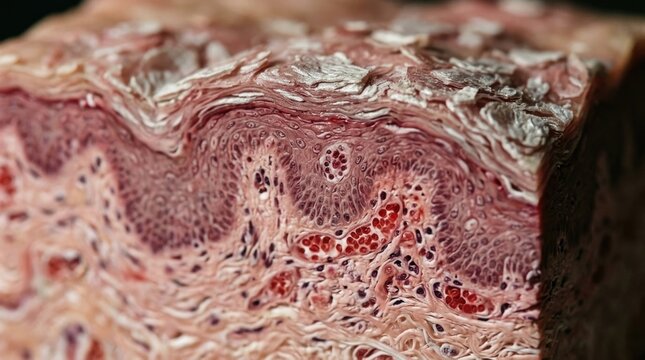 Psoriasis tissue model: epidermal hyperplasia, dermal vessel, inflammatory cell, scaly plaque, cutaneous layer, abnormal growth, reveal disease, chronic condition, microscopic anatomy.