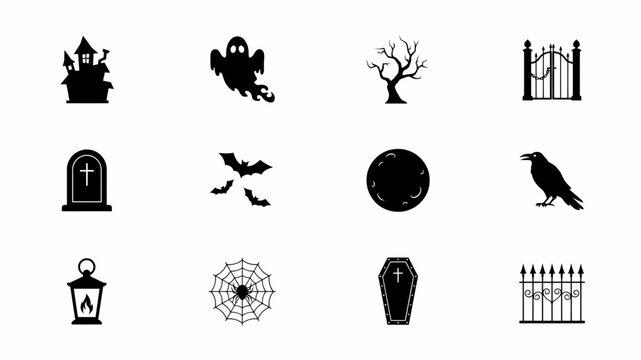 Elegant black halloween symbols vector set with representing classic halloween silhouette icons representing clean minimalist collection halloween themes arranged