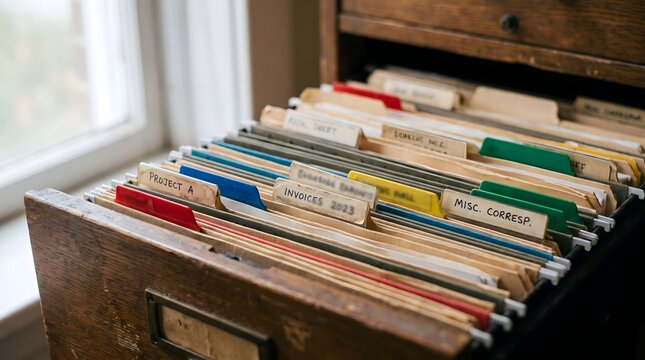 Close up of an open vintage wooden filing cabinet filled with colorful tabbed manila folders.