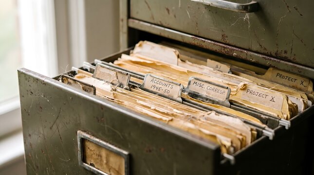 Close up of an open vintage green metal filing cabinet drawer filled with aged folders and historical records.