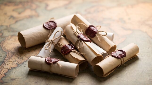 Ancient parchment scrolls tied with twine and sealed with red wax resting on a vintage world map.