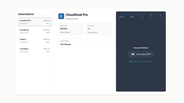 Clean user interface screen showing subscription management portal with credit card payment details on a dark professional dashboard background display