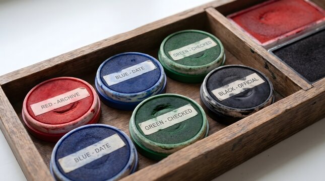 Wooden tray filled with vintage circular ink pads in various colors with official office labels.