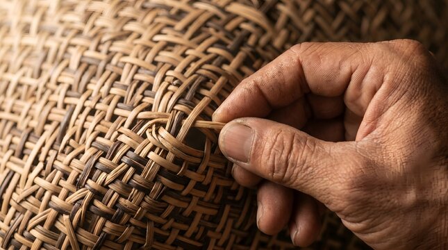 Artisan hands weaving traditional wicker basketry for handmade craftwork