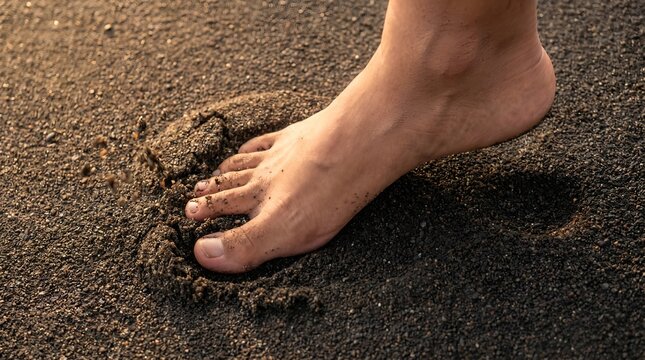 Bare foot stepping on dark volcanic sand at the beach during sunset