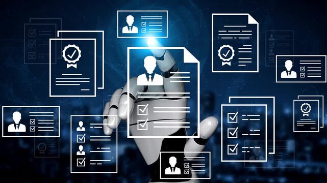 Futuristic Robot Hand Interacting with Digital Resumes and Profiles in Virtual Space with Data and Technology Background. Entropy.