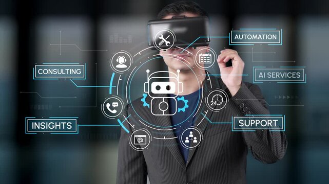 Young businessman wearing virtual reality headset engages in futuristic digital solutions with various technology icons representing automation, AI, and consulting services. Entropy.