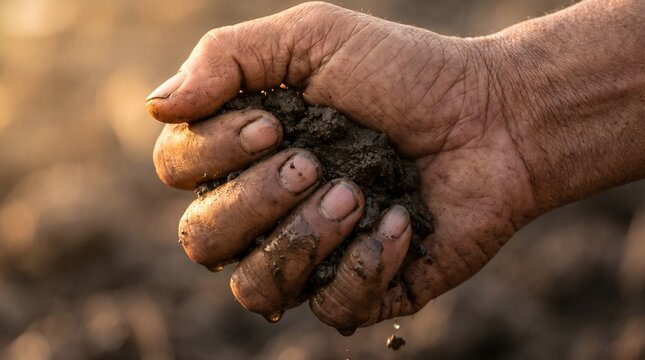 Farmer holding fertile soil in cupped hands during sunset outdoors