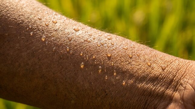 Human arm with water drops skin detail in sunny outdoor setting