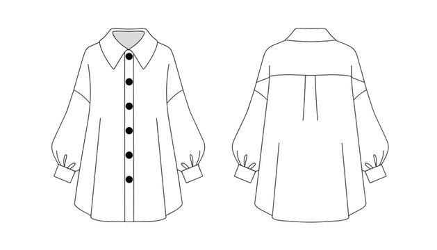 Technical fashion flat sketch of a women oversized button-down shirt with long balloon sleeves from front and back.