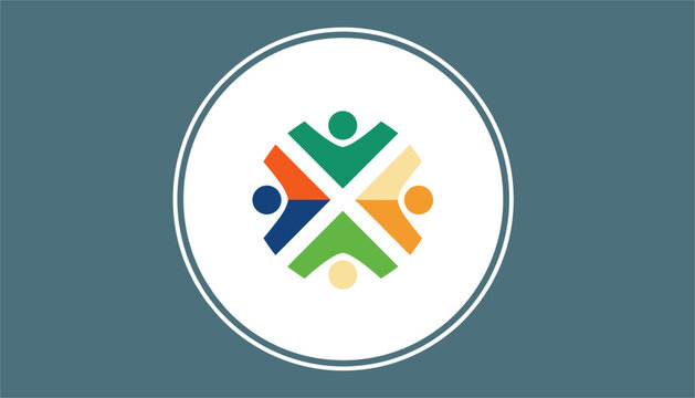 Circular community logo depicting four colorful abstract figures holding hands inside a white and blue frame.